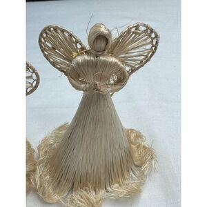 2 VTG Praying Angels Christmas Ornaments Handcrafted Raffia 1980's Folk Art